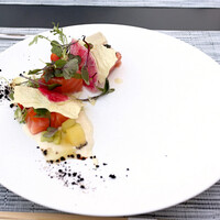 ルアン 鮒鶴京都鴨川リゾート - 昆布〆サーモンと2種のキャビア 京湯葉のクロッカンと汲み上げ湯葉のソース