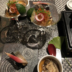 Hatsumi - 汐風プランの先付。鯖鮨が脂乗ってて柔らかくてめちゃめちゃ美味しかったです。