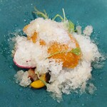 クーリエール - 白ワインで炊いた明石蛸と夏野菜のマリネ/プチミックス/花オクラ/梅のグラニテ/トマトや夏野菜を煮込んだラタトゥイユのアイスクリーム