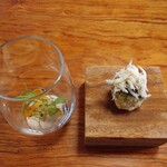 クーリエール - アミューズ～おっぺし芋（里芋）の団子、ペースト、チップス 生落花生