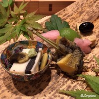 お料理 七草 - 胡麻豆腐､夏豆浸し豆､蒸し鮑 松葉串､倉石牛A-5ﾛｰｽとｸﾘｰﾑﾁｰｽﾞのﾋﾞｰﾌﾎﾞｰﾙ､青梅甘露煮､黒豆､鶏松風