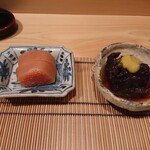 御料理 まつ山 - 自家製辛子明太子と牛肉の赤ワイン煮