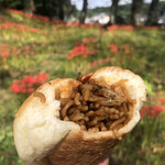 San Etowaru - 焼きそばロールパンは羽黒山の彼岸花の前で食べました。