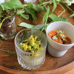 エル・バウ・デコラシオン - 右、雲丹のピューレ。左、スナップエンドウとつぶ貝のピューレ。