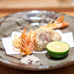 肉屋 田中 - 天ぷら  神戸牛サガリ、 大分県車海老