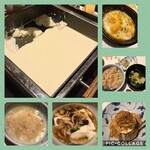 梅の花 - 豆乳を目の前で温めてます。ニガリが入っているからお豆腐へ。あんかけはきのことカニの2種。断然、カニ派！！グラタンはポン酢かけて食べるよ♪意外に合う(^ ^)