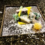 楓の小舎 - 先付け |菊菜、梨、銀杏、椎茸白和へ