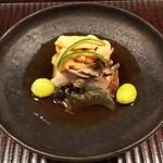 京天神 野口 - ●先付け・蒸しアワビ、アカウニ、秋茄子、新銀杏