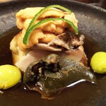 京天神 野口 - ●先付け・蒸しアワビ、アカウニ、秋茄子、新銀杏