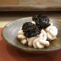 鮨 そえ島 - 鱈の白子、昆布〆、海苔酢添え・・白子様でございます。まだクリーミーさには若干欠けますが、海苔酢と共に頂くと美味しい。