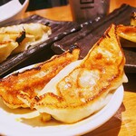 餃子酒場めだか - にんにく餃子(5個)390円 九条ねぎ餃子(5個)390円 こだわり酒場のレモンサワー390円 お通し300円