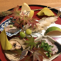 日本料理 太月 - フルコース１６５００円。八寸。梨と柿の和え物、本ししゃも天ぷら、雲子酢、子持ち鮎煮浸し、あん肝 。出汁で煮たあん肝は、濃厚な味わいで、とーっても美味しくいただきました（╹◡╹）（╹◡╹）