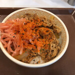 すき家 - ミニ牛丼、紅生姜、七味。