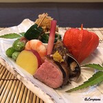 御料理 寺沢 - 新銀杏､蛸と梅肉と胡瓜､松茸のﾌﾗｲ､〇十蜜煮､車ｴﾋﾞ艶煮､焼松茸と菠薐草の御浸し､鴨肉､梅貝､鱧南蛮漬
