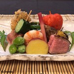御料理 寺沢 - 新銀杏､蛸と梅肉と胡瓜､松茸のﾌﾗｲ､〇十蜜煮､車ｴﾋﾞ艶煮､焼松茸と菠薐草の御浸し､鴨肉､梅貝､鱧南蛮漬