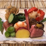 御料理 寺沢 - 新銀杏､蛸と梅肉と胡瓜､松茸のﾌﾗｲ､〇十蜜煮､車ｴﾋﾞ艶煮､焼松茸と菠薐草の御浸し､鴨肉､梅貝､鱧南蛮漬