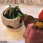 御料理 寺沢 - 松茸と菠薐草の御浸し､梅貝､鴨ﾛｰｽ炭火焼