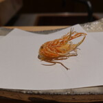 にい留 - 海老の頭素揚げ：ひとつ目は何も付けぞ