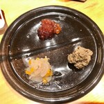 鮨 はしもと - 2020.8.  筋子の味噌漬け・鮎のペースト・白海老の唐墨和え