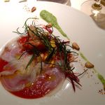 ラ メゾン クルティーヌ - 前菜：トマトのガスパッチョ 魚介のサラダ添え