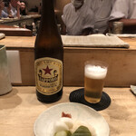 鳥しき - サッポロラガー瓶＆お新香