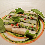 レザンファン ギャテ - 鱧と水菜、インゲン、長芋のテリーヌ 梅肉のヴィネグレットと三つ葉を添えて～レザンファン ギャテ 夏の風物詩～