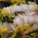日本料理 TOBIUME - ⑤鱧(福岡県芦屋産)の湯引き
      産卵期は初夏～夏、旬は春～秋
      湯洗い(湯引き)してふんわりと白い花を咲かせています。
      身も皮も軟らかく仕上がっており、皮下の旨みをしっかり感じました♪