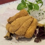 日本料理 TOBIUME - ⑥赤雲丹(福岡県藍島産)
      ⑦煮黒鮑(山口県萩産)
      ⑧九絵(福岡県若松産、4kg、雌、直前〆)