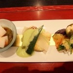 日々茶寮 連 - 鯛の塩焼き・万願寺とうがらし・枝豆・水ナスのゆずみそ・もずく