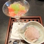 日々茶寮 連 - デザート（すいか・ぶどう・すもも）　小倉アイス（白玉・ぜりー入り）