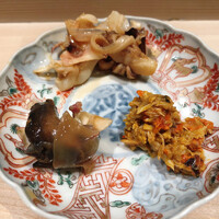 千成寿司 - 新烏賊ととり貝のわさび漬け&バイ貝&藻屑蟹の和え物＾＾お酒どろぼう❤️