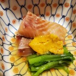 御幸町 田がわ - ビワマスの昆布〆、生雲丹。