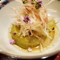 御幸町 田がわ - 茄子の煮浸し、蟹と茗荷、かぼすのジュレ。