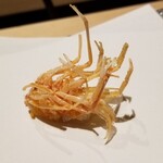 にい留 - (06)車海老(長崎県福島産、東興産業)の脚×2
      産卵期は初夏～初秋、旬は初夏～初秋。
      非常に美しく揚げられた車海老の脚。
      極細の珊瑚の様な煌めき
      脚がパリッとして芳ばしく得も言われぬ美味しさ。