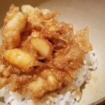 にい留 - (22)小柱と葦海老のかき揚げ天丼
      推測ですが、パリッと芳ばしく揚げてあるのは、衣につゆが滲みるのが前提かと
      旨みが濃縮されたかき揚げ、つゆが掛かった白いご飯とマッチ
      締め括りのフィナーレを飾ります♪