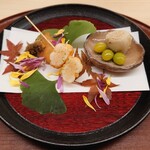 日本料理 久丹 - 千葉の伊勢海老と鮑の唐揚げ、衣かつぎ、銀杏