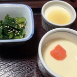 味の横綱 - 冷製茶碗蒸し、小松菜お浸し、プリン