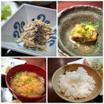 Wasai Juraku - ◆牛蒡サラダ風、がんもどきの煮物（冷えていましたが、冷たくして頂く物かも）、ご飯の質は普通、お味噌汁。 牛蒡サラダ風の品が好みでした。