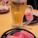 スシロー - 生ビール＋本鮪３貫盛り「大とろ・中とろ・赤身」