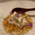 割烹 一楓 - 鰻の天ぷら　野菜と出汁のジュレ