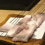 温石 - 白甘鯛です。串に打ち、これから炭火でじっくりと炙ります