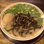 博多一丁 - 味玉ラーメン、ネギ・キクラゲ多めトッピング