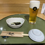Sushi Den - 生ビールとお通しのもずく酢