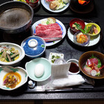 小野川温泉　吾妻荘 - 料理写真:夕飯の全容(天ぷら・お吸い物・ご飯・スイーツも付きます)