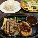 スエヒロ館 - 「国産牛100％ハンバーグデミソース＆コロッケ（サラダバーセット）」スープ付き。1298円也。税込。