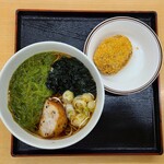 Maesawa Sa-Bisu Eria Nobori Fu-Doko-To - めかぶ蕎麦と前沢牛コロッケ。