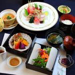 Appetizer vegetables and top sashimi set