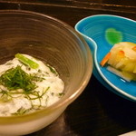 13859395 - 【小国野菜のスタミナ和え】・【蓮芋の酢の物】（夕食）