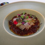 佐土原茄子のフラン　魚介のマリネバルサミコのジュレ