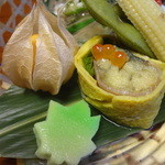 松籟庵 - 生麩　茄子の湯葉巻　食用ほうずき